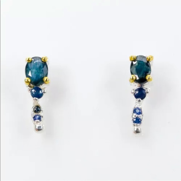 Exquisite Rough Cut Deep Blue Natural Sapphire Earrings Hand Crafted Sterling